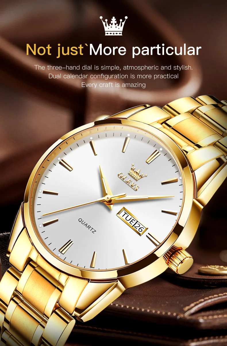 OLEVS นาฬิกาผู้ชายกันน้ำสแตนเลสนาฬิกานาฬิกาข้อมือชายควอตซ์สีทองนาฬิกาแฟชั่นหรูหราปฏิทินนาฬิกาธุรกิจ