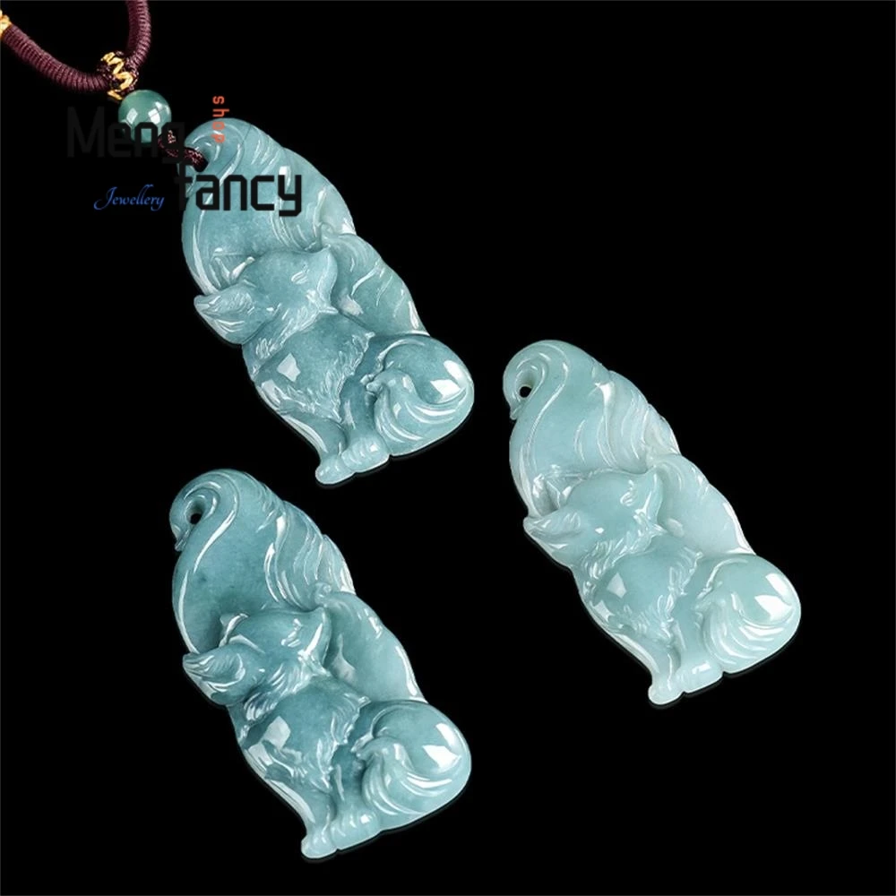 

Authentic Natural A-grade Jadeite Blue Water Nine-tailed Fairy Spirit Milky Jade Pendant High-grade Fashion Jewelry Holiday Gift