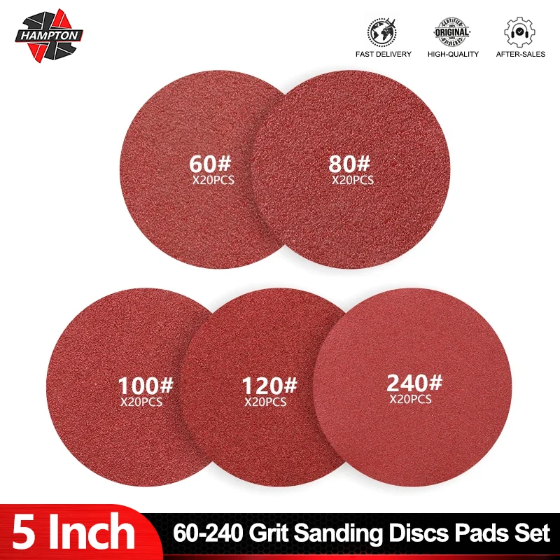 

HAMPTON 20 шт. 5-дюймовые шлифовальные диски с крючком и петлей, наждачная бумага, зернистость 60/80/100/120/240, набор абразивных полировальных подушечек для вращающегося инструмента Dremel