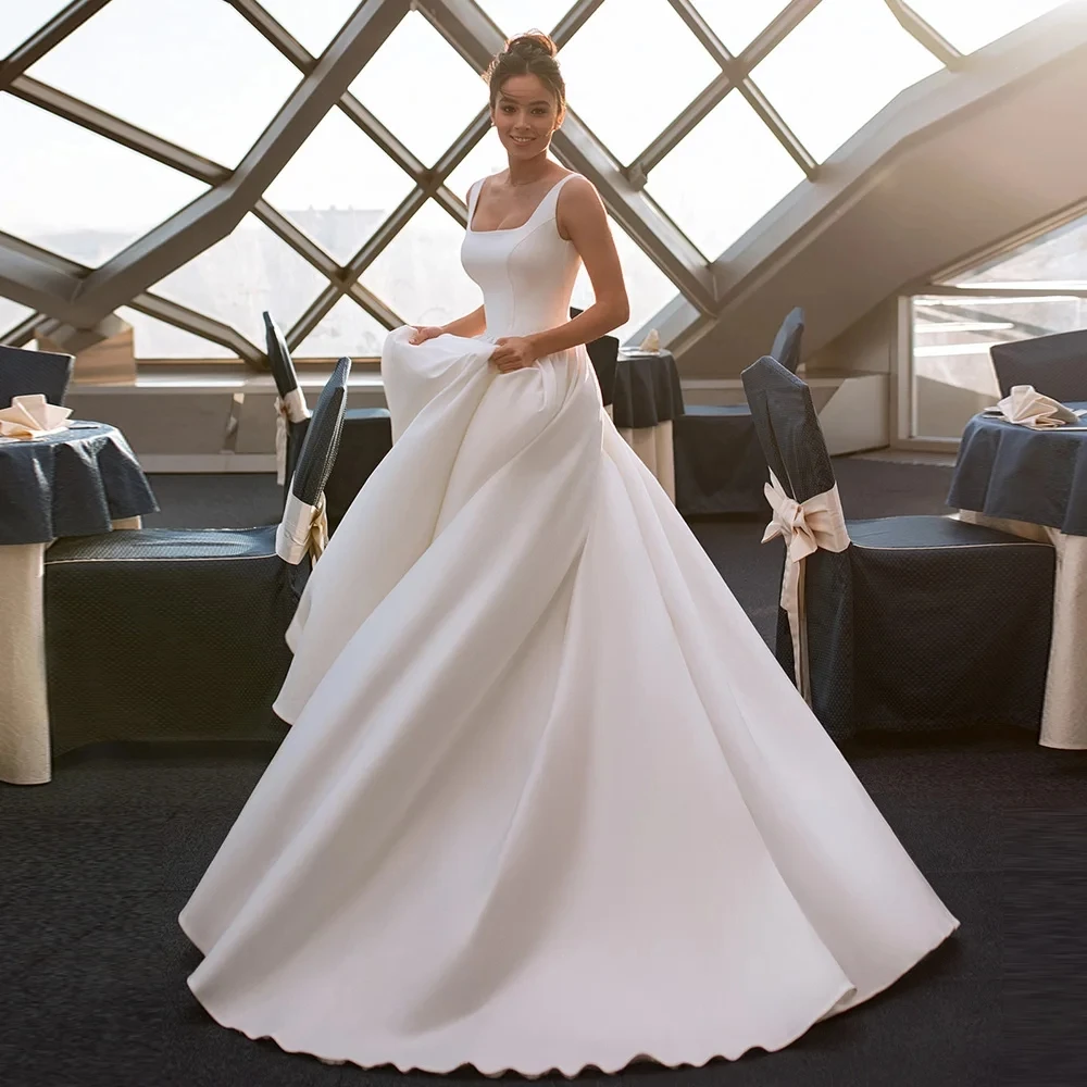 

Sexy Square Collar Sleeveless Beading Belt Vestido De Noiva Simple Backless Satin Wedding Dress Vestidos De Novia