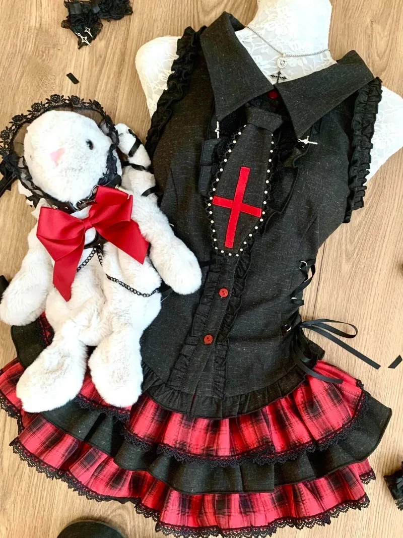 

New Darkly Series Girl Subcultural Design Cross Sleeveless Top+Grid Cake Half Skirt Two Piece Set Gothic Girls Y2k New Clothes