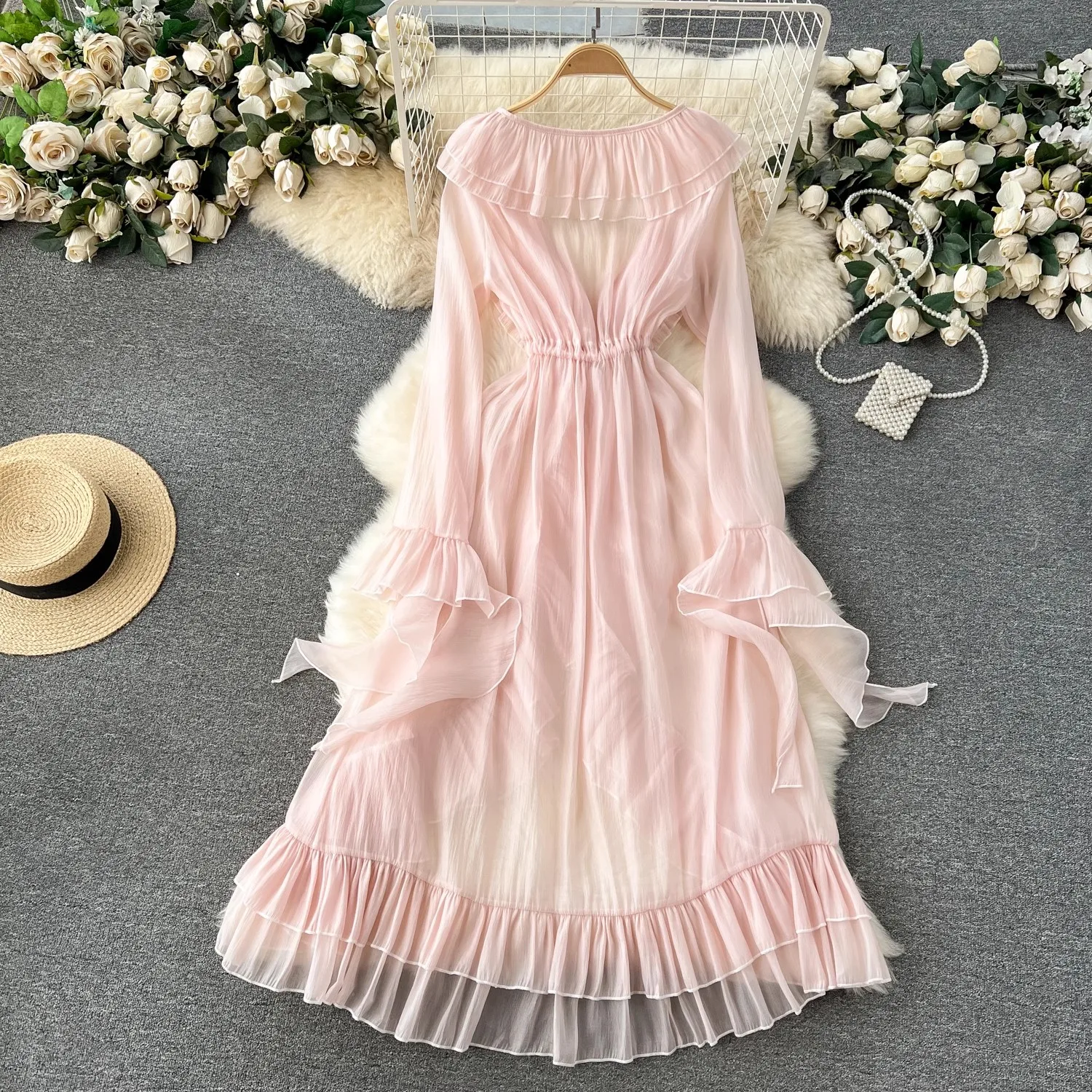 Sweet Fashion Ruffles Pink Long Jacket donna primavera estate manica lunga elegante cappotto Beach Style capispalla Top Chaquetas Mujer