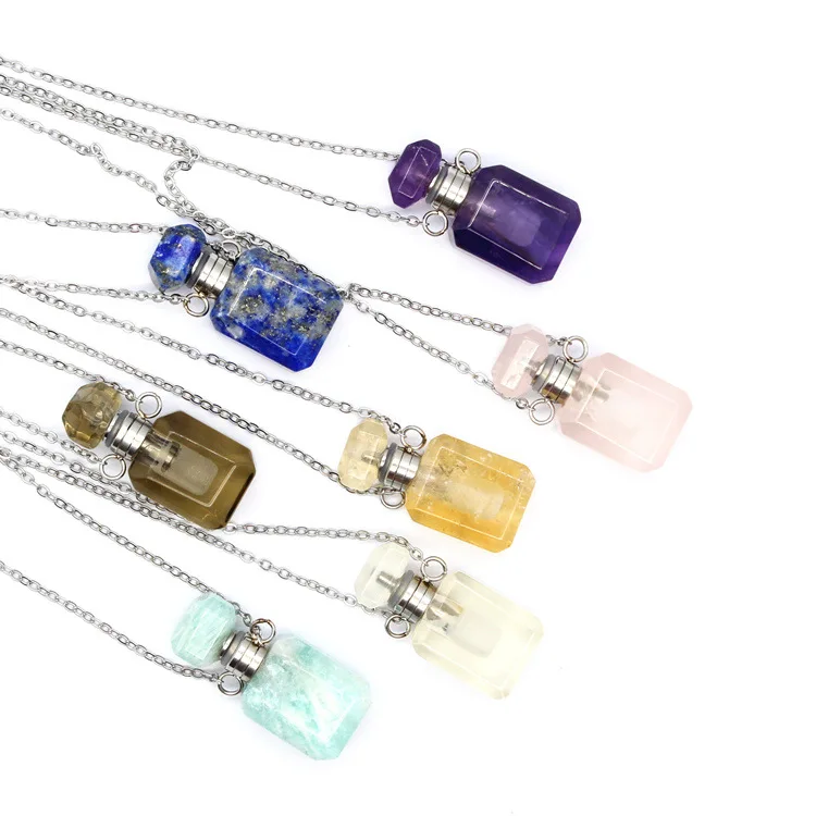 Small Perfume Bottle Natural Gems stone Pendants Chains,Lapis Quartz Essential Oil Diffuser Vial Necklace Charms