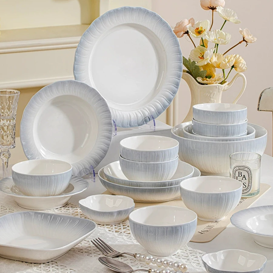 

Underglaze Colored Bowl, Plates, Spoon set, Household High aesthetic Ceramic Tableware Dinner Rice Plate Noodle Soup Bowl Set