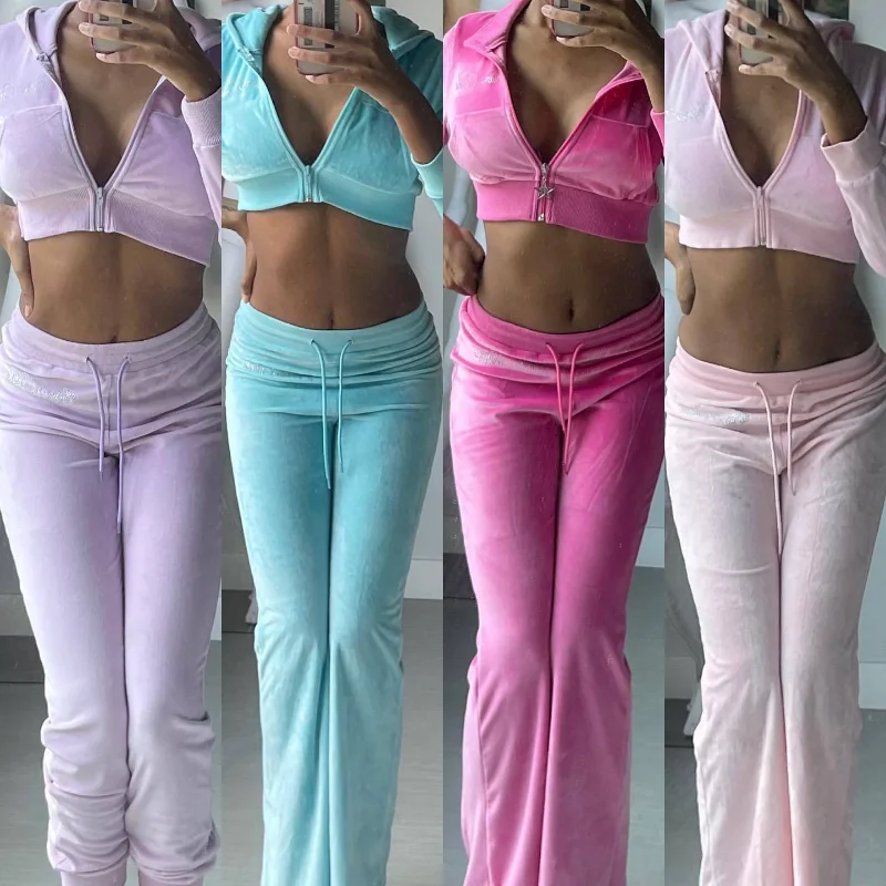 2023 Autumn Summer Sport Wear Women Outdoor Casual Sports Solid Velvet Two Piece Set Top and Pants Tracksuit Sweatsuit Outfits