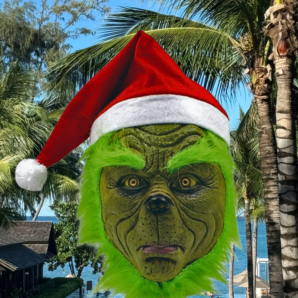 Halloween Prop New Christmas Easter Horror Mask Geek Grinch Latex Mask Hood Cosplay Green Hair Geek Grinch Scary Realistic Mask