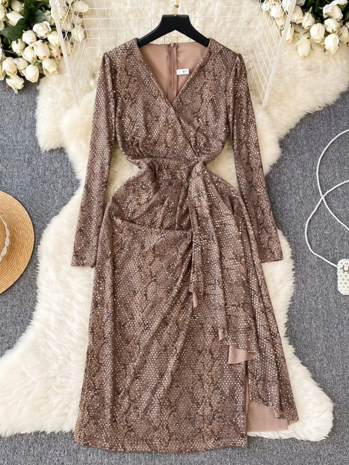 Shiny Snake Skin Pattern Long Dress Women's Mid-Maturity Style Belted Skirt Korean Version High Waist Long Sleeve Autumn Winter