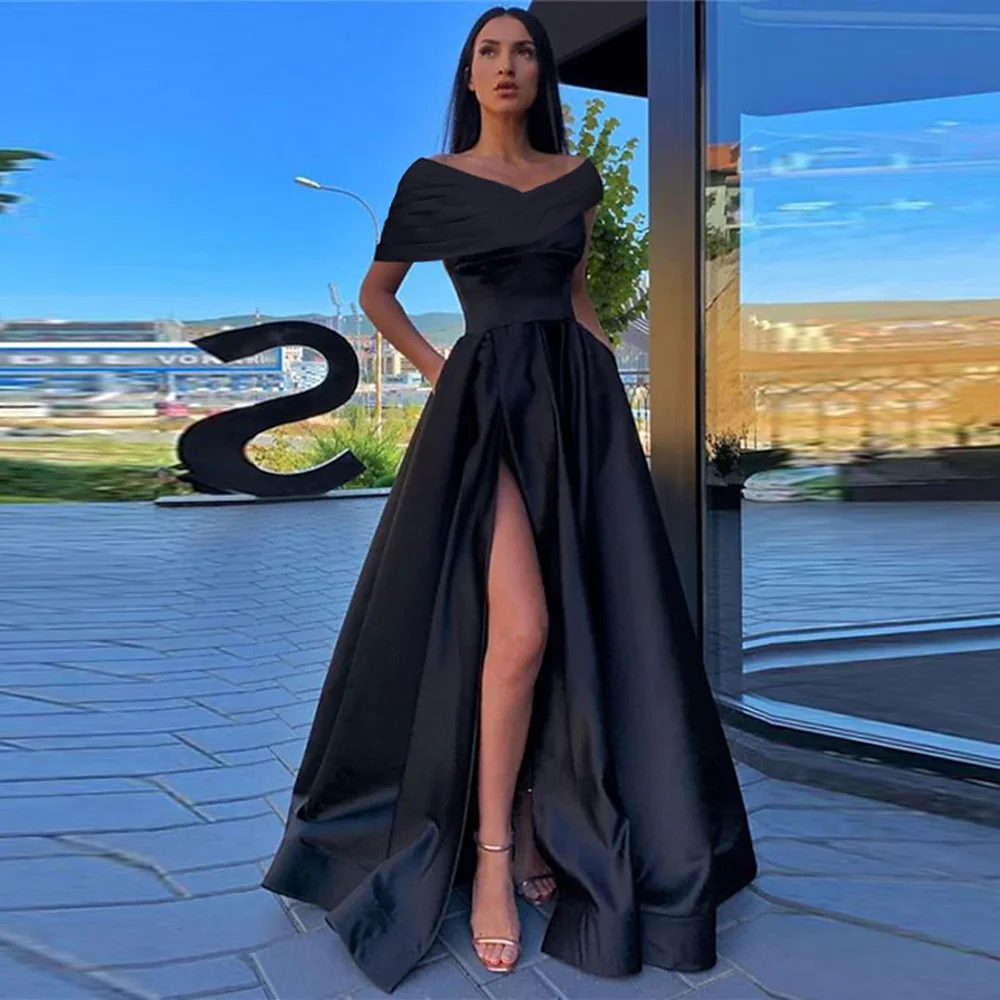 Simple Boat Collar Satin Evening Party Dress A-line Backless Side Slit Court Pockets Prom Gown with Side Slit vestidos de festa