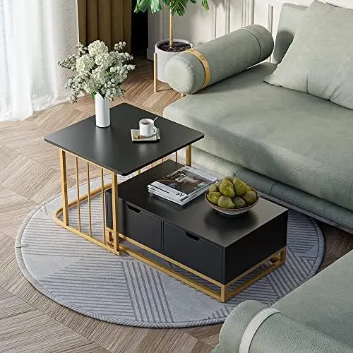 

Modern Detachable Nesting Coffee Table , 2 in 1 Small Square and Rectangular Living Room Table Set for Living Room, Black/Gold