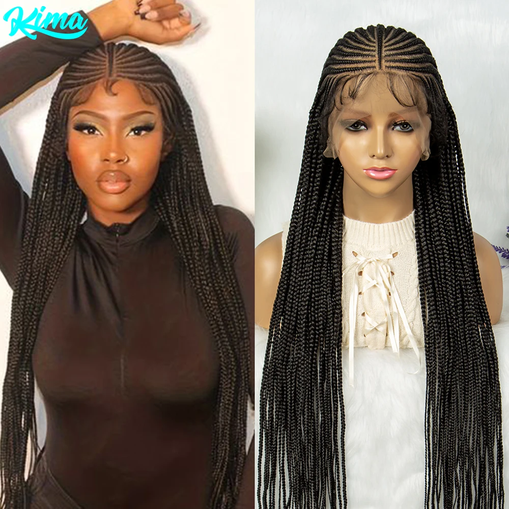 KIMA Synthetic Cornrow Box Braided Wigs Full Lace Braided Wig Stitch Braids with Baby Hair 36 inches for Africa Women