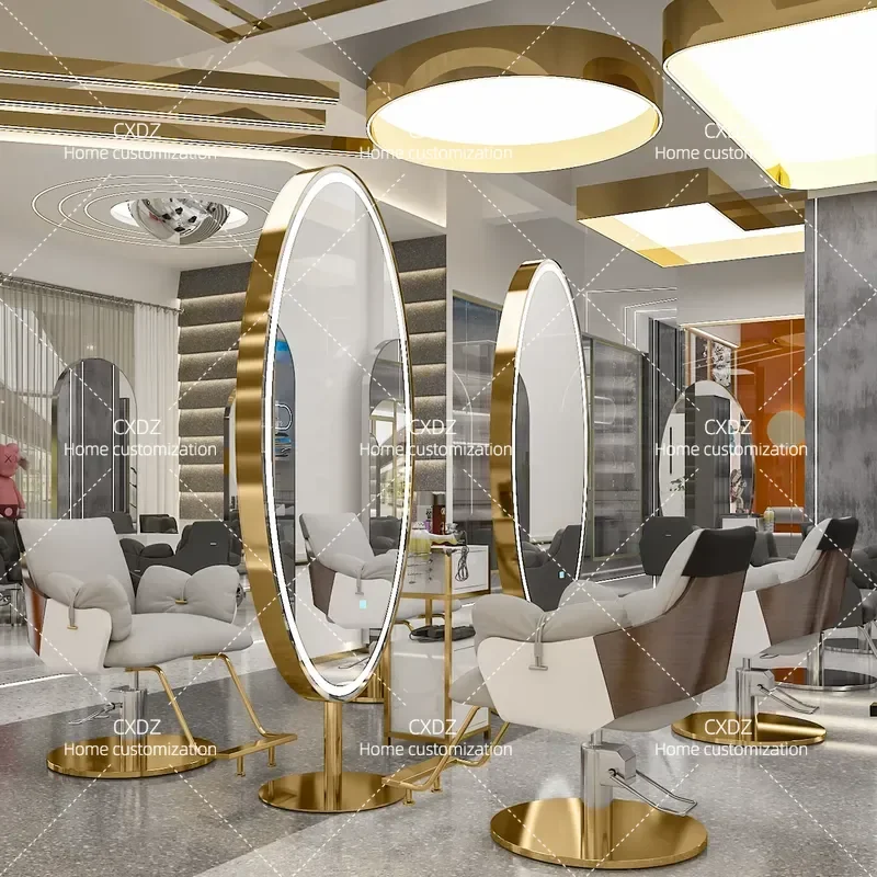 Hairdressing Mirror with LED Light Stainless Steel Floor Standing Double Sided High Definition Salon Barber Shop Makeup