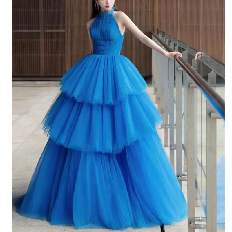 

Blue Long Ball Gown Wedding Dresses Elegant High Neck Sleeveless Bridal Dress Fashion Tiered New Simple Sukienka Na Wesele