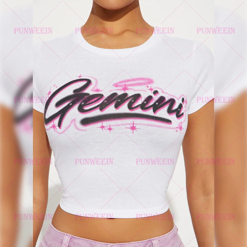 Y2k 90s Streetwear Print Gemini Angel Versatile T-shirt Emo girl Vintage 90s Aesthetic Goth Fun Graphic Chic Y2K O-Neck Crop Top