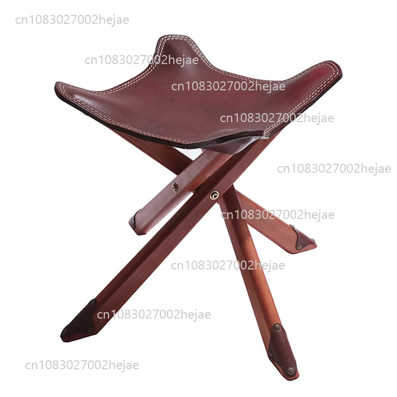 

Retro Folding Stool, Portable Four-Legged Seat, Leather Shoe Changing Stool, American Solid Wood Low Bench, Compact Seating.