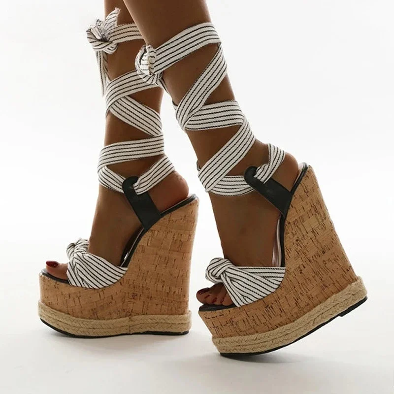 Sandalias de cuña envolventes de tela a rayas para mujer, con plataforma de corcho y tacón de esparto con lazo en el tobillo, zapatos de verano con punta abierta para vacaciones en la playa