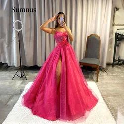 Hot Pink Tulle A Line Prom Dresses 3D Flower Appliques Sweetheart High Split Homecoming Gowns Princess Graduation Party Dress