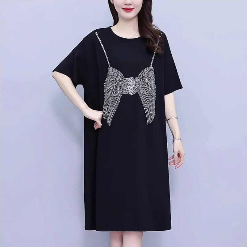 Robe t-shirt droite noire pour femme, longueur genou, nœud diamants, style coréen, t-shirt de bureau, manches courtes, élégant, été, #7999