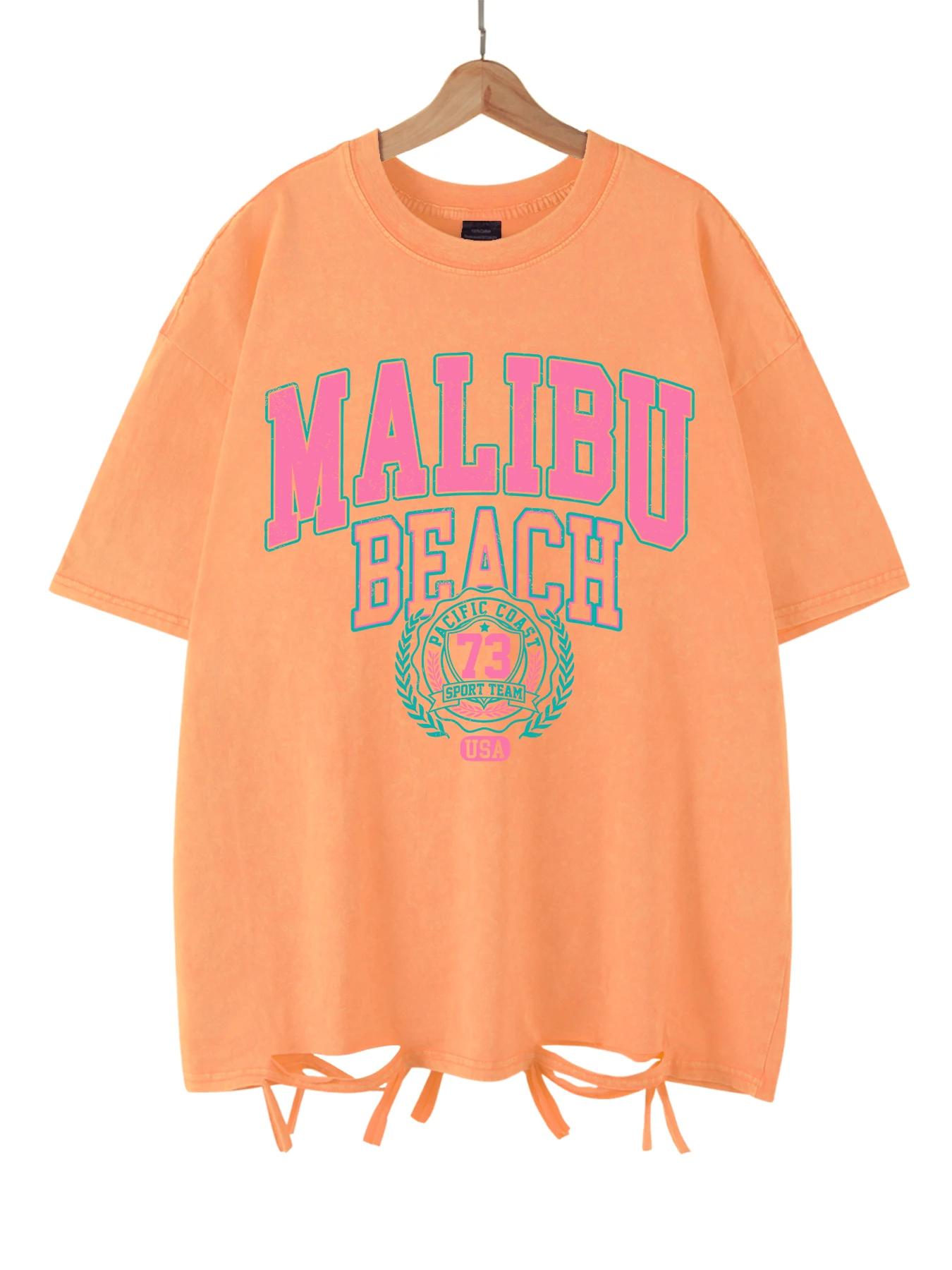 Malibu Beach Washed T-Shirt Women Letter Printing Cotton T Shirt Comfortable Crewneck Tops Casual Oversized Tees Female Clothes