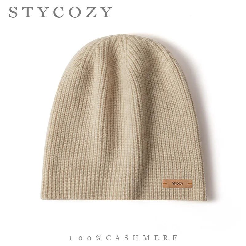 100%Cashmere Unisex Ribbed Knit Beanie Solid Slouchy Winter Hat Soft Warm Casual Women Skull Cap for Commute Office Daily Wear