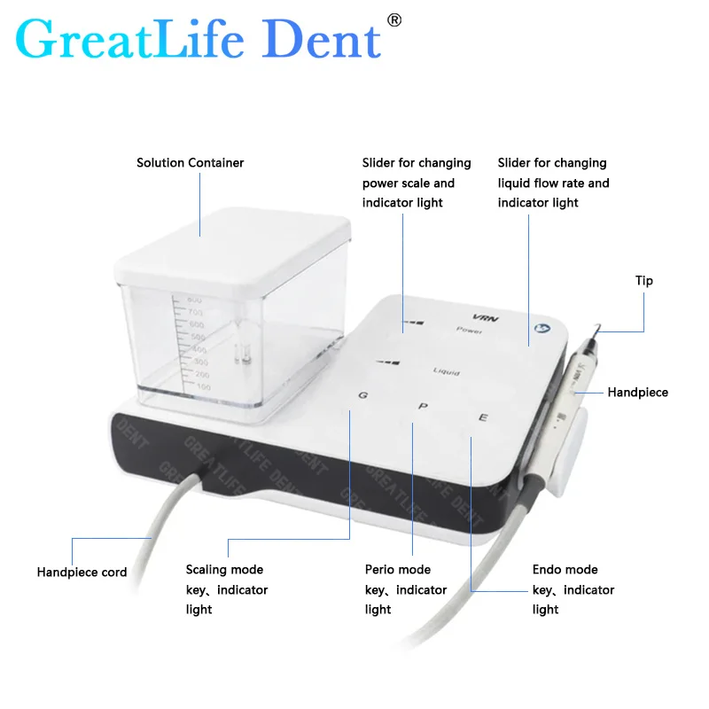 GreatLife Dent Dental VRN DA-20 Dental Ultrasonic Scaler Machine 10pcs LED Handpiece Tips Wireless Pedal Dental Scaler Device