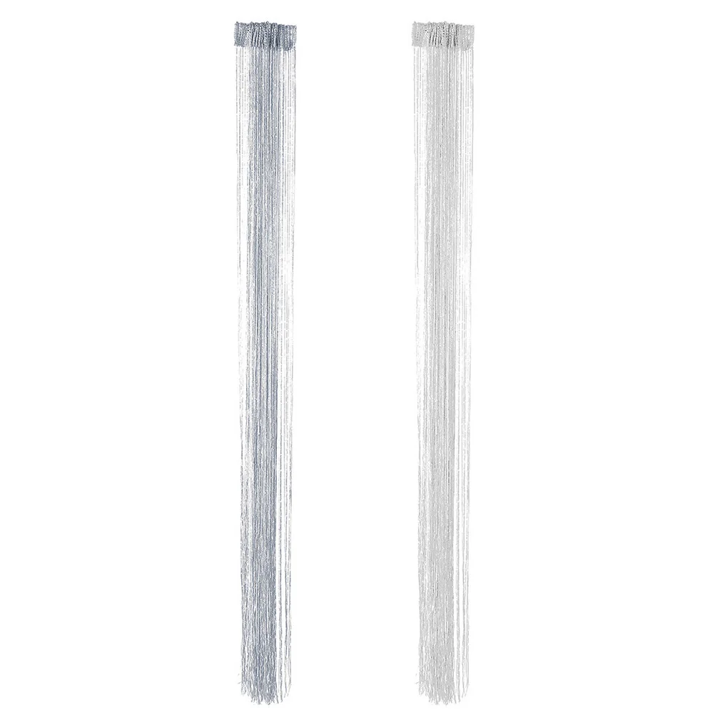 2pcs Silver Thread Curtains White Room Divider Tassel Curtains for Doorway String Panel Decor Home Party Wedding