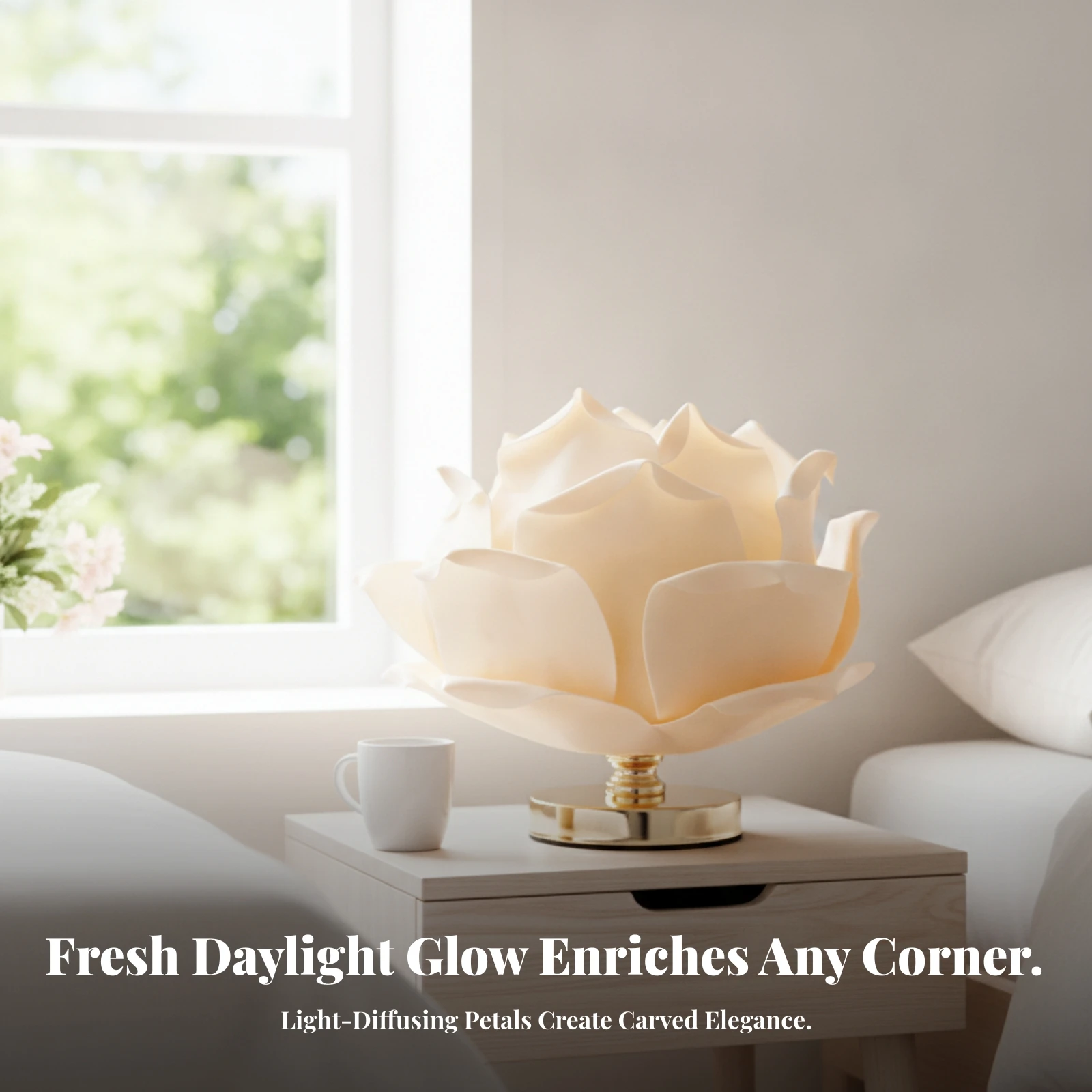 Flower Table Lamp with Mirrored Base Decorative Flower Table Lamp Diffused Glow Push-Button for Bedroom, Vanity