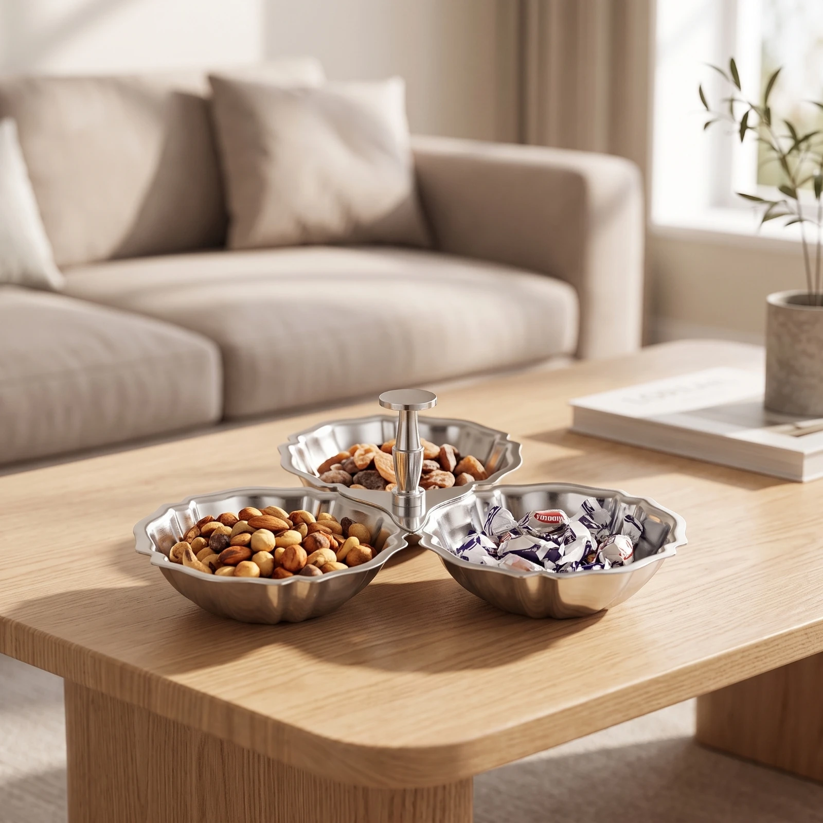 Snack Bowl with Handle Stainless Steel Three-Section Bowl 3 Section Serving Tray Silver Receptacle with Three Bowls Fluted
