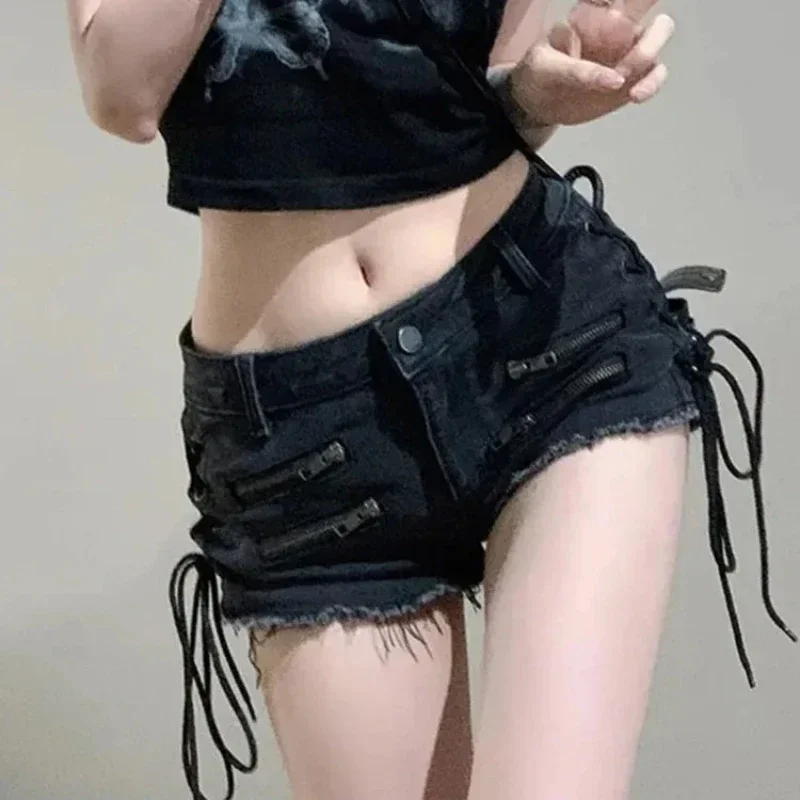 

Retro Street Denim Shorts Women Jeans 2025 Quality Summer Mini Low-waisted Denim Shorts Y2k Slim Fit Lace Up Zipper Jeans Pants