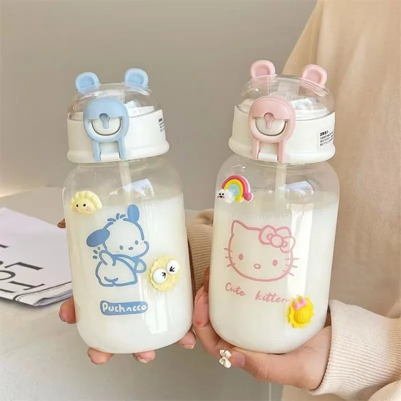 500ML Sanrio Hello Kitty Pochacco Transparent Straw Cup Anime Cartoon Kuromi Cinnamoroll for Kid Kawaii Bottle Water Cup Gifts