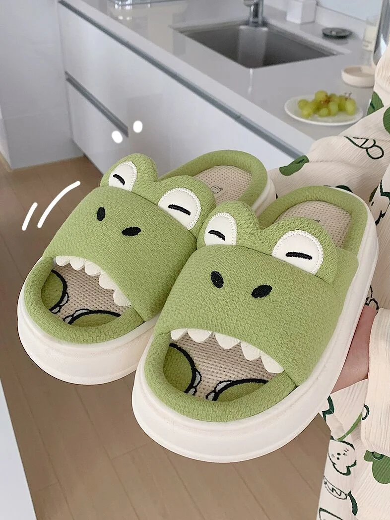 Four Seasons Universal Cute Crocodile Linen Slippers Women Spring Summer Couples Man Skid Resistant Dinosaur Animal Flip Flops