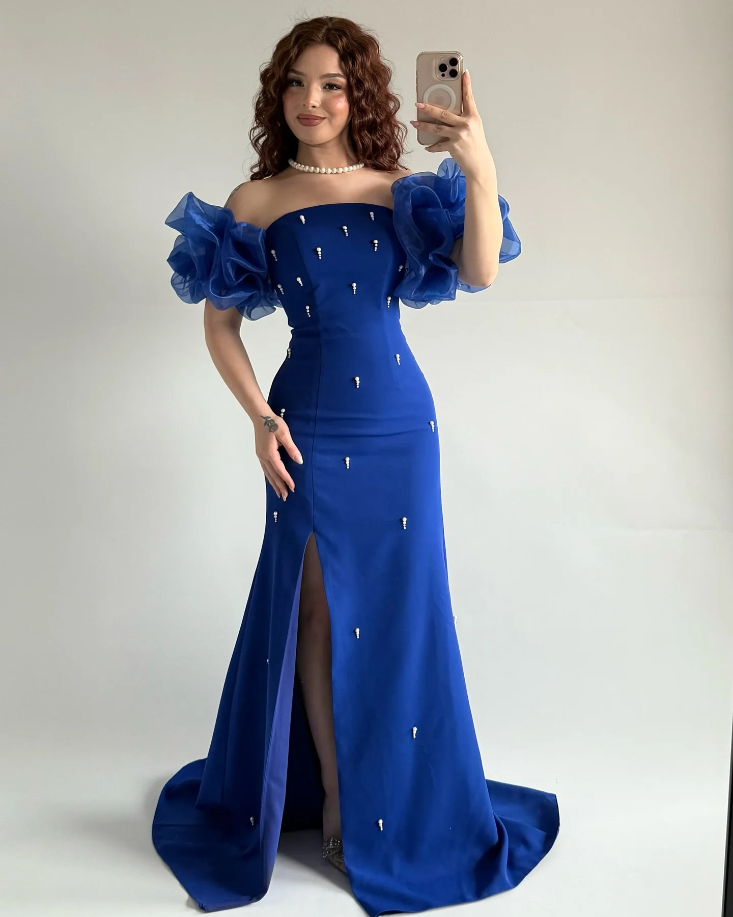 

Customized Classic Mermaid Off the Shoulder Pearls Evening Dresses Graceful Pleats Strapless Vestido De Festa Vestido De Noche