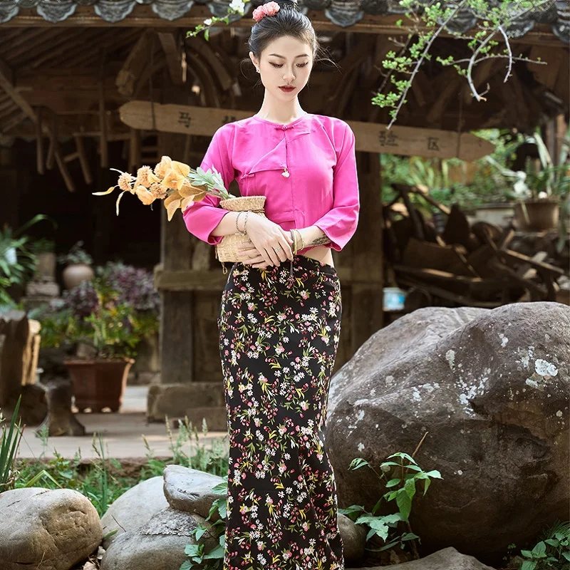 Ethnic Blouse Tops + Skirt Thai Dress Dai Restaurant Hotel Daily Welcome Work Uniform Thailand Traditional Clothing for Women