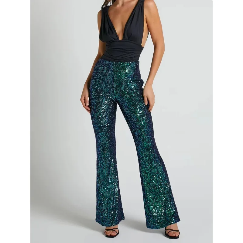 New Women Flared Long Pants 2026 Fashion Sequined High Waist Trousers Party Club Chic Sparkling Pants Female Slim Trousers