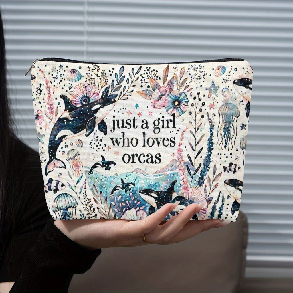 

Makeup Bag Featuring a Design for Women Who Orcas This for Cosmetic Pouch with Zipper Is for Travel Serving As Chic Organizer