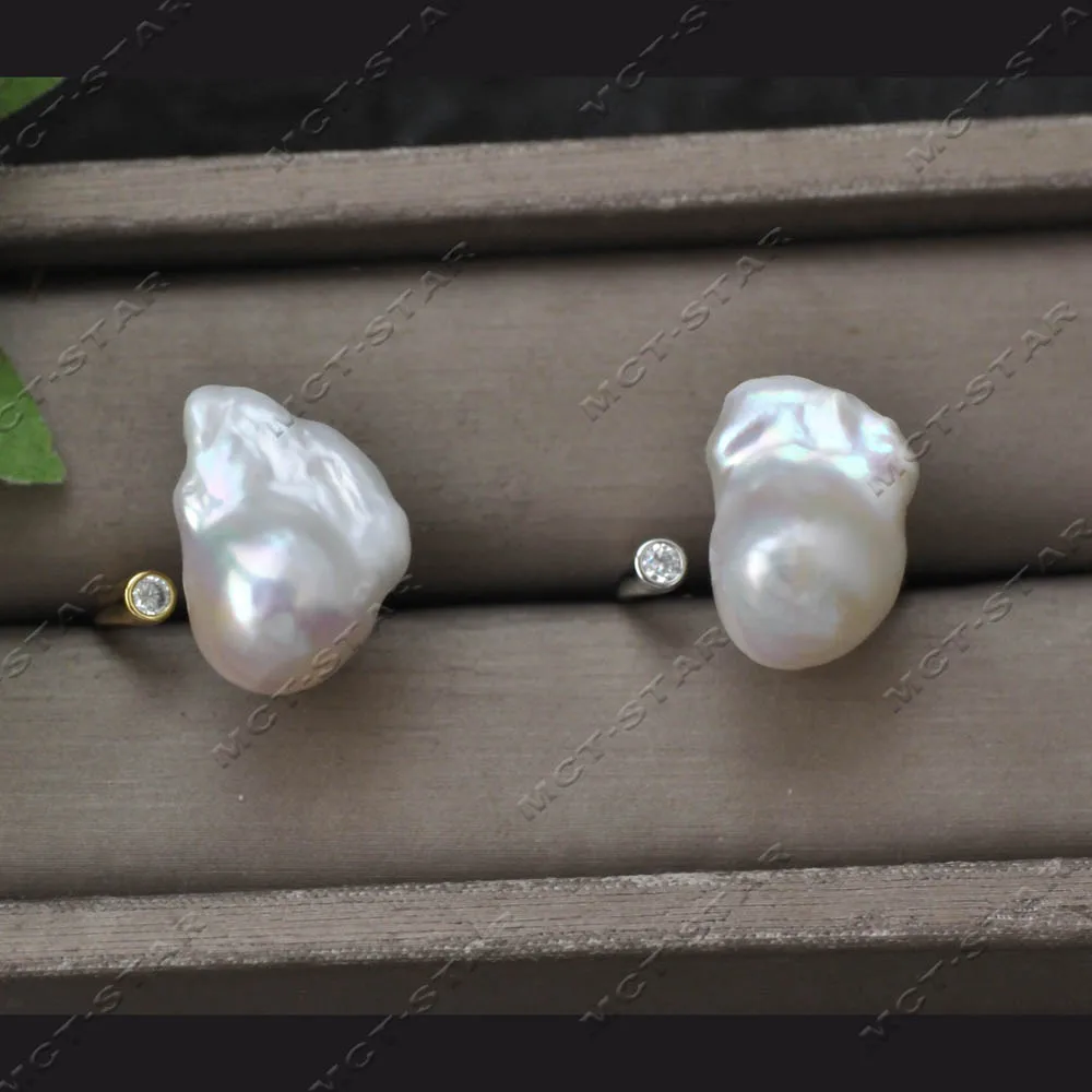 MTC·STAR Single Dot 22mm White Baroque Keshi Reborn Pearl Golden & Silver Ring (Z14671)