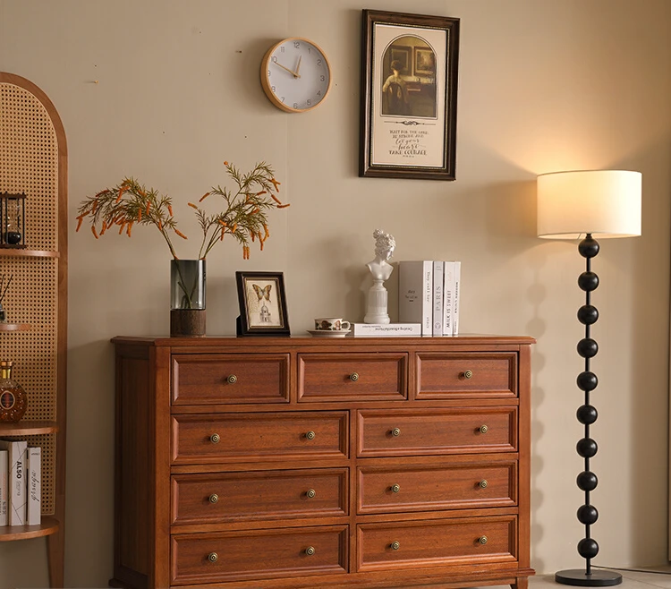 French style, ancient style, light luxury, modern nine drawers, walnut against the wall, all solid wood at the end of the bed.