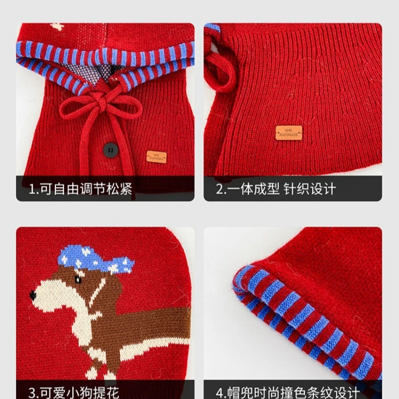 Koreanische Ins Cute Puppy Jacquard Pullover Strickmütze mit integriertem Schal und Ohrenschutz für Damen, Wintermütze – Detail 6