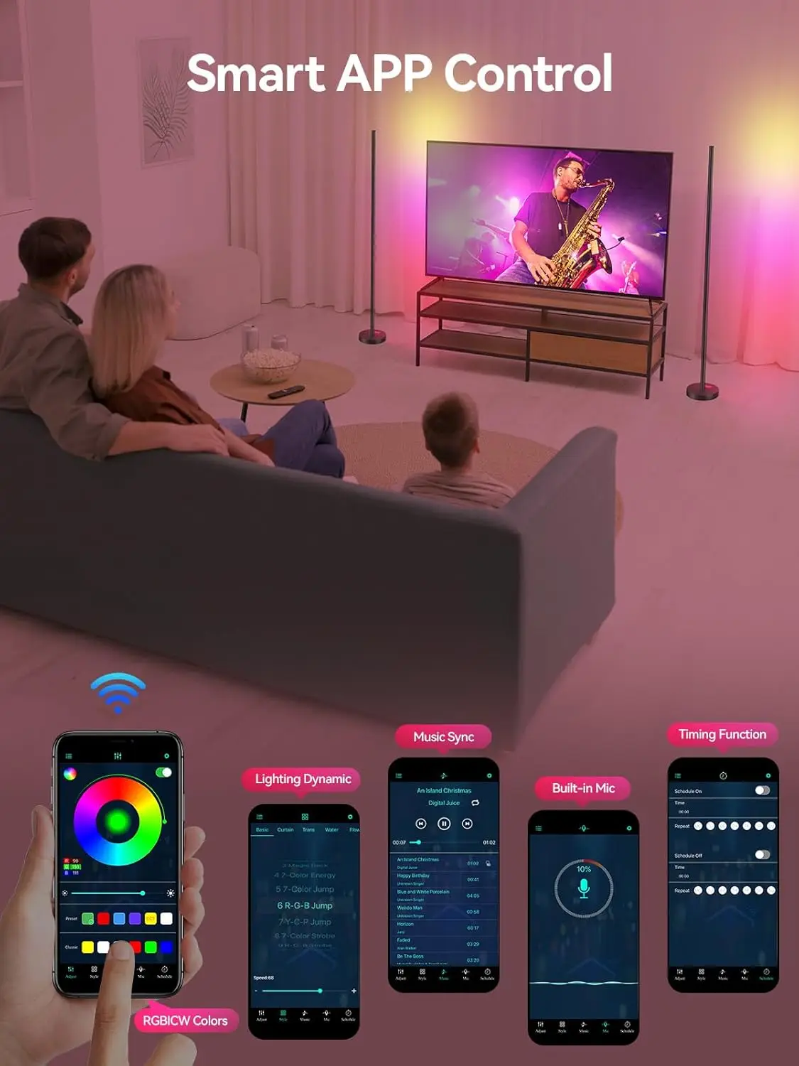 RGBICW LED Corner Floor Lamp 2 Pack - 16M Colors, Music Sync, App Control for Living Room & Gaming view 5