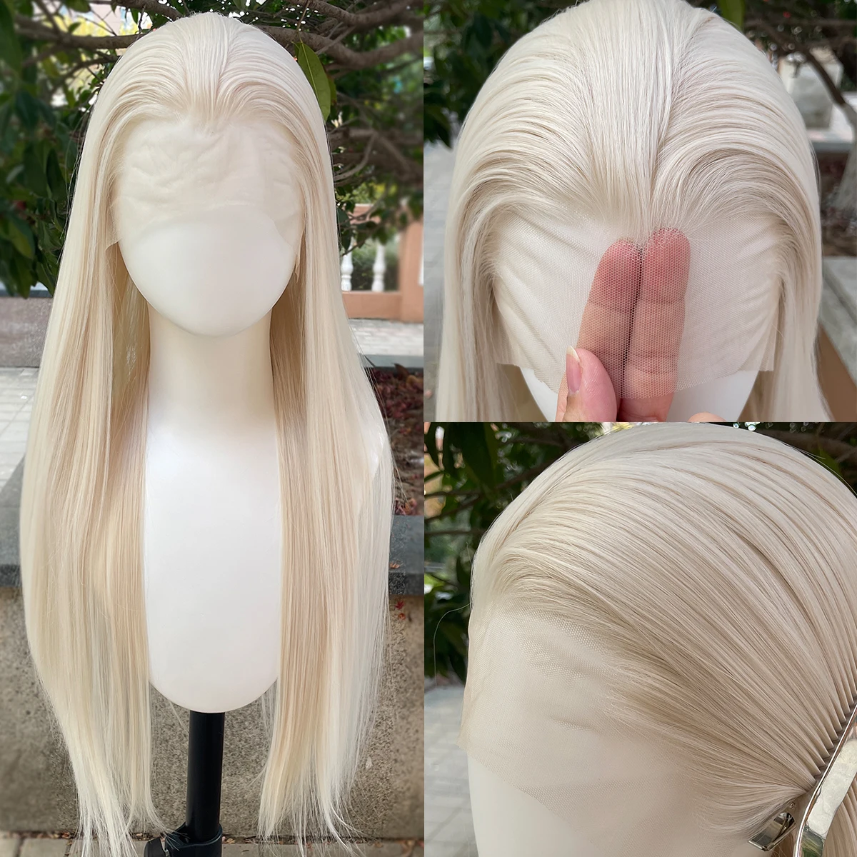Elf Cosplay Peak Style Platinum ‌   Blonde synthetische 13x4 Lace-Front-Perücken für Damen, 26 Zoll lang, glatt, seidig, freier Teil, 150 % Dichte