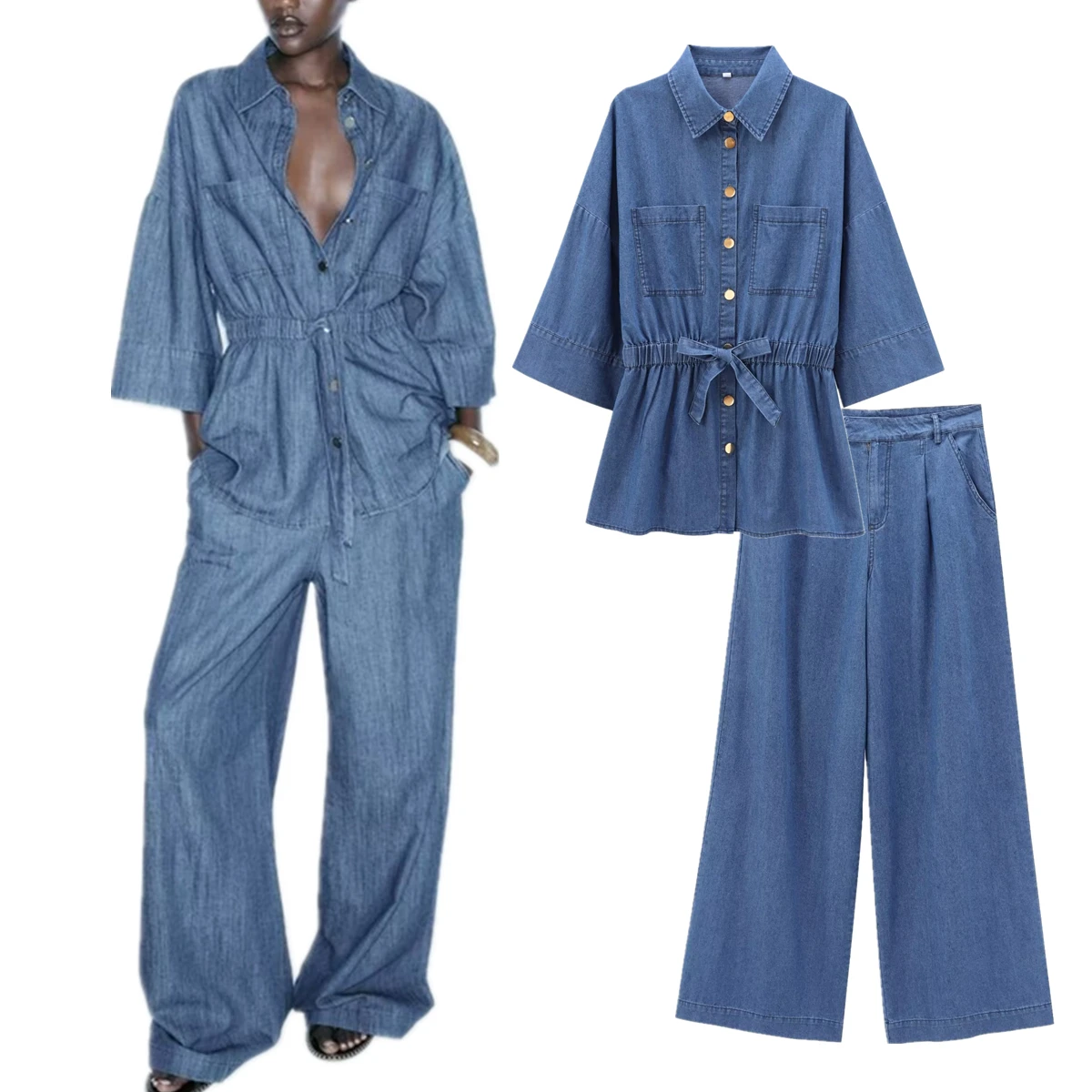 

Withered Minimalist Women's Sets Blue Color Denim Shirt High Waist Wide Jacket Leg Jeans Women Suits Two Pieces Sets