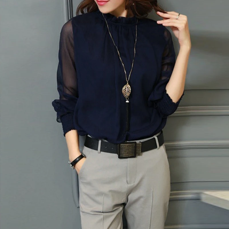 Chiffon Thin Patchwork See-through Long Sleeve Ruffle Top Summer Shirt And Blouses Women Clothing Elegant Office Lady Solid New