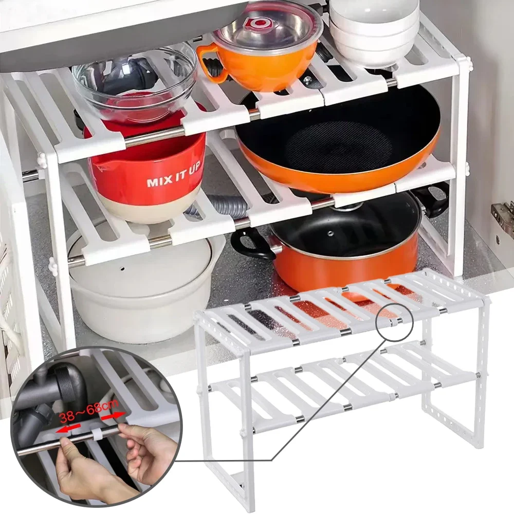 

1PC Kitchen Sink Storage Rack Stainless Steel Retractable Cabinet Double Partition Rack Household Pot Bowl Rack Storage Racks