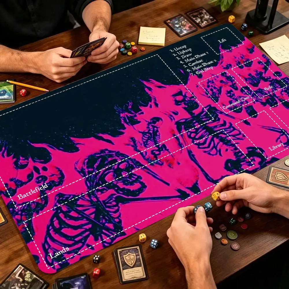 Neon Skeleton Horror Large Gaming Desk Mat Non‑Slip Rubber Base Stitched Edges HD Print Playmat for Card Game PC Laptop Gaming