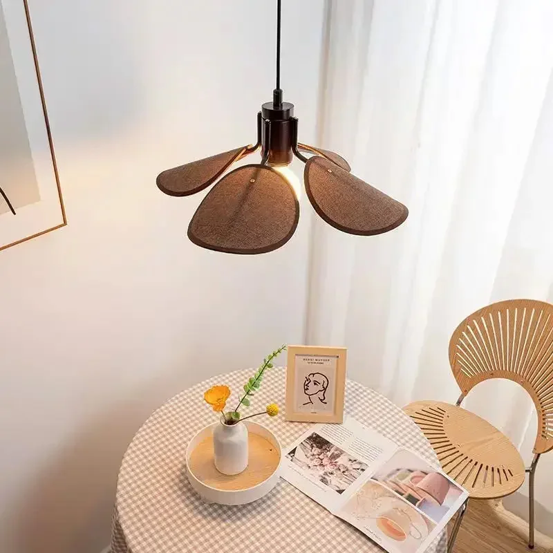 Wabi Sabi Leaf Wood Pendant Light Vintage Cloth Chandelier for Living Room Bedroom Courtyard Room Decor Lustre
