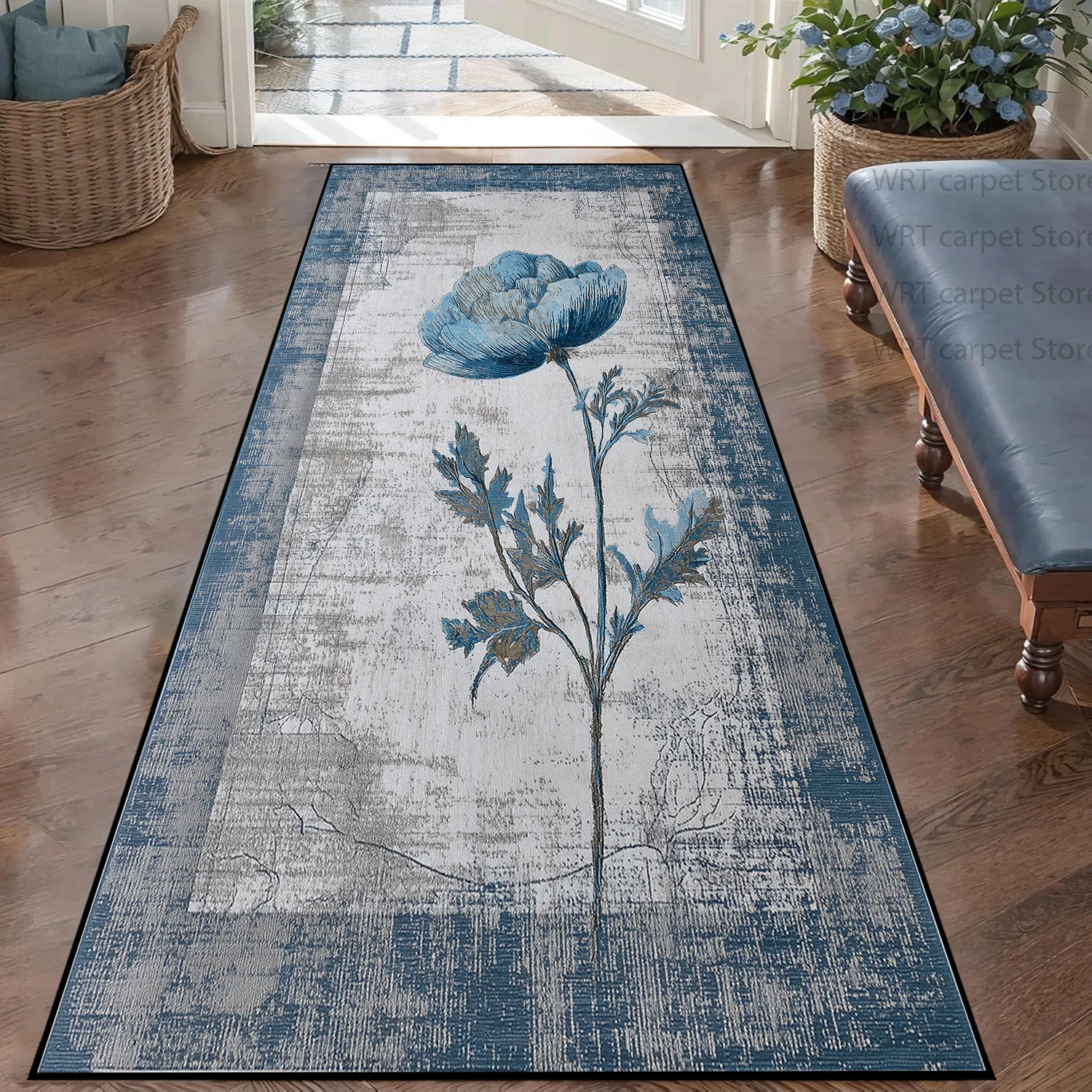 American Retro Abstract Style Living Room Carpet Blue Floral Soft Pile Fabric Rug Washable Decoration Home Coffee Tables Mat