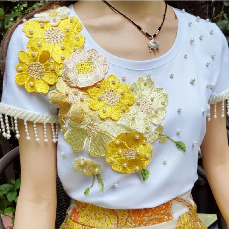 Luxury Chinese Style Handmade Pearls Beaded Tassels 3D Gold Flowers Embroidered Cotton T-shirts Rhinestones Fringed Tees Tops