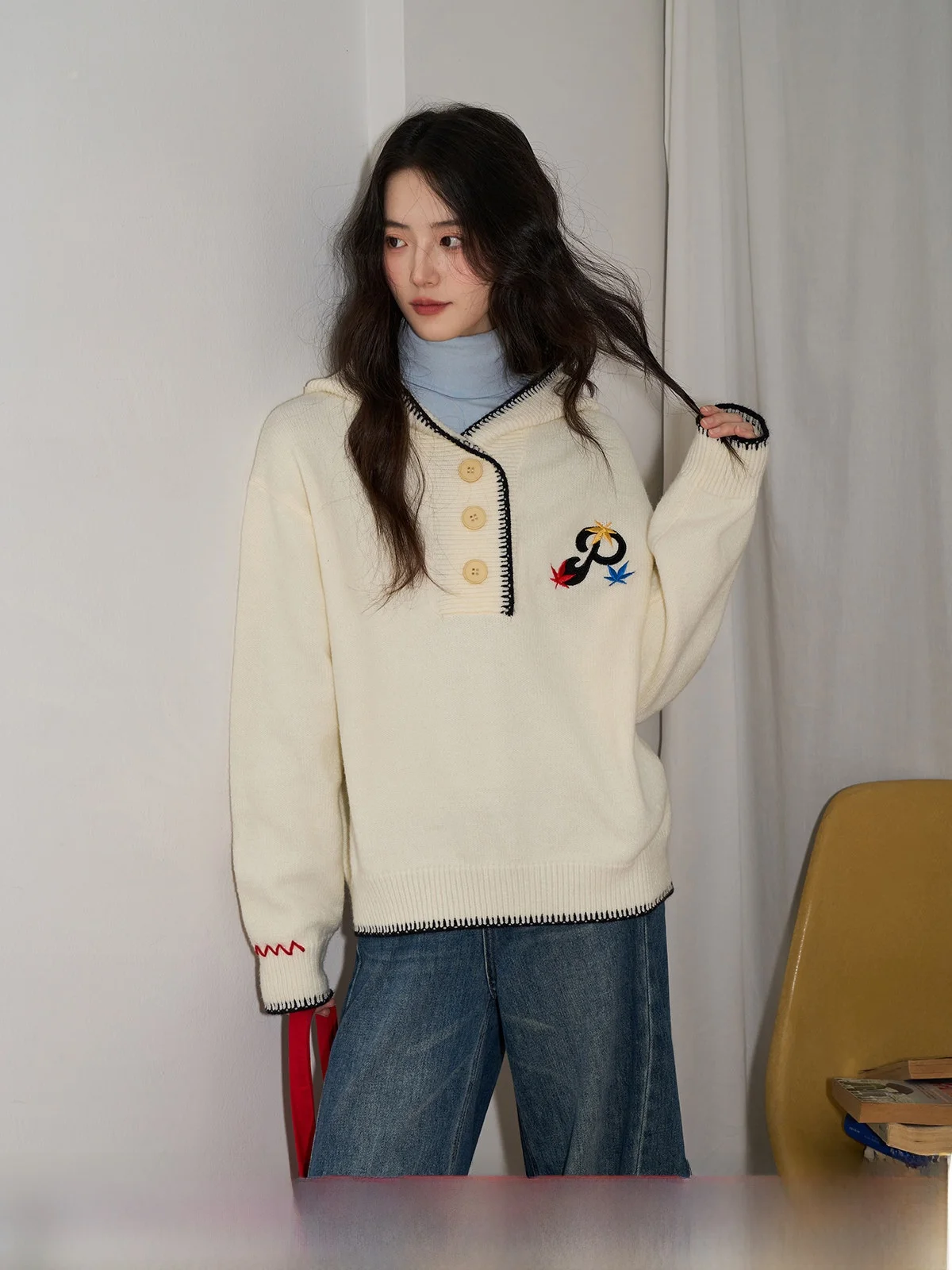 

Уютная вязаная толстовка с длинными рукавами для женщин, новинка зимы, свободный крой, внутренняя одежда, топ с вышивкой, мягкий и теплый.