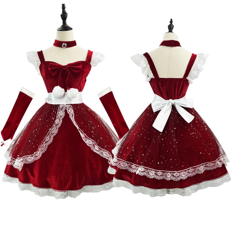 Sweet Lolita Christmas Red Dresses Lace Sequined With Star Elegant Vintage Princess Ball Gowns Xmas New Year Cosplay Uniform