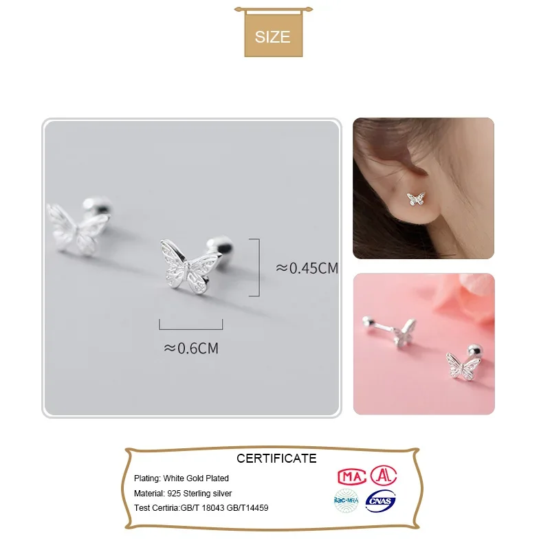 TrustDavis Real 925 Sterling Silver Sweet Insect Butterfly Screw Stud Earrings For Women Children Mini Minimalist Jewelry DA1897