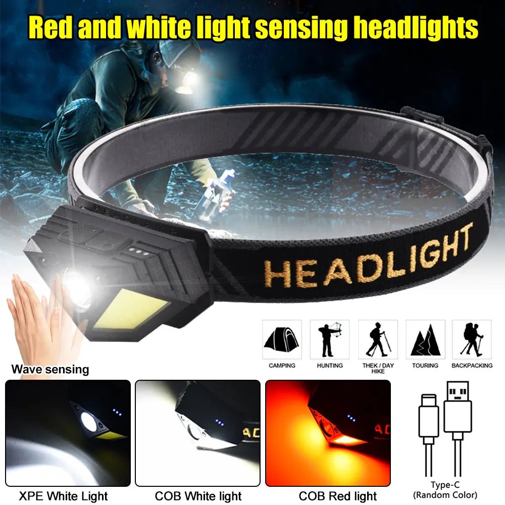 

New LED outdoor lighting strong light sensor headlamp ABS Type-C charge COB high-capacity 30w LED 6 Mode camping fishing lamp